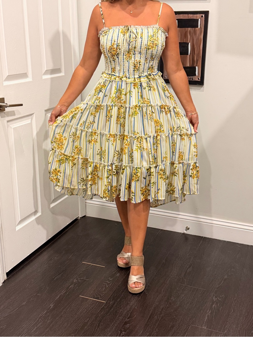 Wishing You Were Here Yellow & Blue High-Low Smocked Sundress